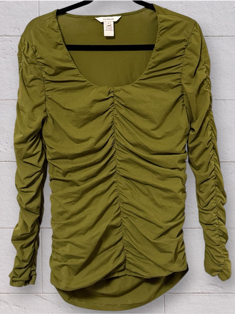 Sundance Rosalind Green Ruched Shirred Long Sleeve Top Medium